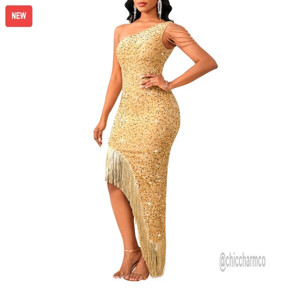 Sequin One Shoulder Mermaid Cocktail Dress with Tassels Size XL Polyester